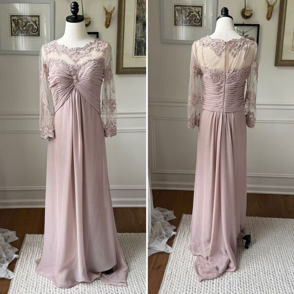 Cachet Mauve 3/4 Length Sleeve Formal Gown Mother of the Bride Dress Illusion Ne - Picture 1 of 8